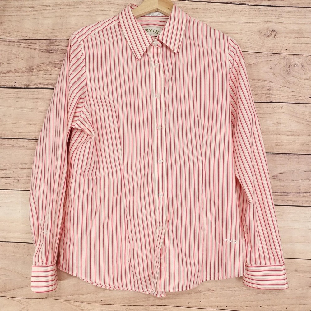 Orvis Button-Up Womens 12 Pink Striped Collared Button Front Long Sleeve Top